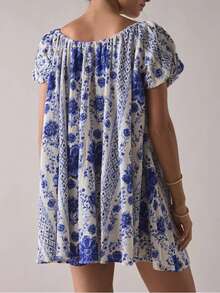 Women Tie Up Front Dress Puff Short Sleeve Crew Neck Mini Dresses Floral Print Y2k Ruffle A-Line Dress - Blue - View 3
