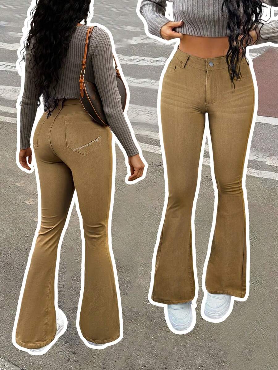 Women's Vacation Style Casual Ins Washed Frayed Skinny Flare Jeans - Khaki - View 1