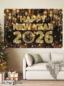 1pc Black Golden Happy New Year Banner 2026 150*100cm Shining Clock Pattern New Year Backdrop Photo Booth Festival Background Cloth Christmas Decorative Wall Hanging Tapestry Room Home Decor Happy New Year 2026 Decorations