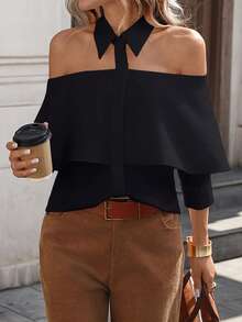 Women Off-Shoulder Solid Color Long Sleeve Shirt, Minimalist And Fashionable Black Spring - Black - View 5