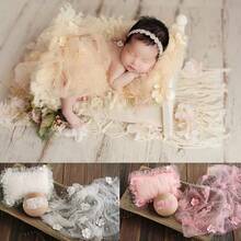 3件套婴儿珍珠襁褓毯、枕头和发带套装，新生儿摄影道具，花卉雪纺襁褓，串珠薄纱，DIY男宝宝/女宝宝摄影配件，网纱背景毯 - 彩色 - 查看 2