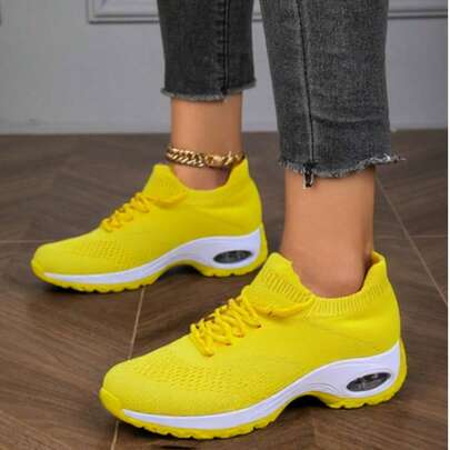 Women's White & Pink Knit Lightweight Cushioned Casual Sneakers, Vintage Style Slip-On Platform Shoes