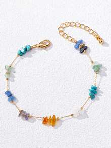 1pc Minimalist Colorful Natural Stone Beaded Bracelet & Anklet Set, Suitable For Women Beach Holiday Wear, Random Stone Color, Size & Quantity