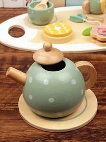 儿童木制茶具套装，公主茶会玩具厨房配件，包含逼真的食物，儿童过家家茶具玩具，增强想象力和社交能力 - 彩色 - 查看 6