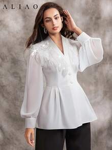 Aliao 镶钻刺绣 V 领泡泡袖长袖西装外套，商务休闲风，简约风格，优雅日常穿着，适合情人节、婚礼、活动、外出、感恩节、毕业典礼、返校季、假日等场合。 - 白色 - 查看 1