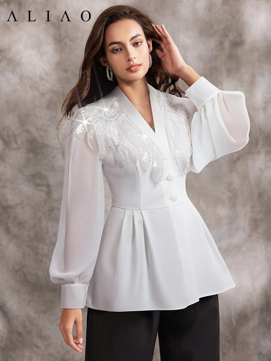 Aliao 镶钻刺绣 V 领泡泡袖长袖西装外套，商务休闲风，简约风格，优雅日常穿着，适合情人节、婚礼、活动、外出、感恩节、毕业典礼、返校季、假日等场合。 - 白色 - 查看 1