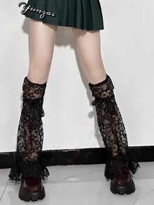 Y2K Lita Sweet Girl Leg Sock Set - Lace Patchwork + Ribbon Design, Thin Over-The-Knee Leg Warmers With Star Trim