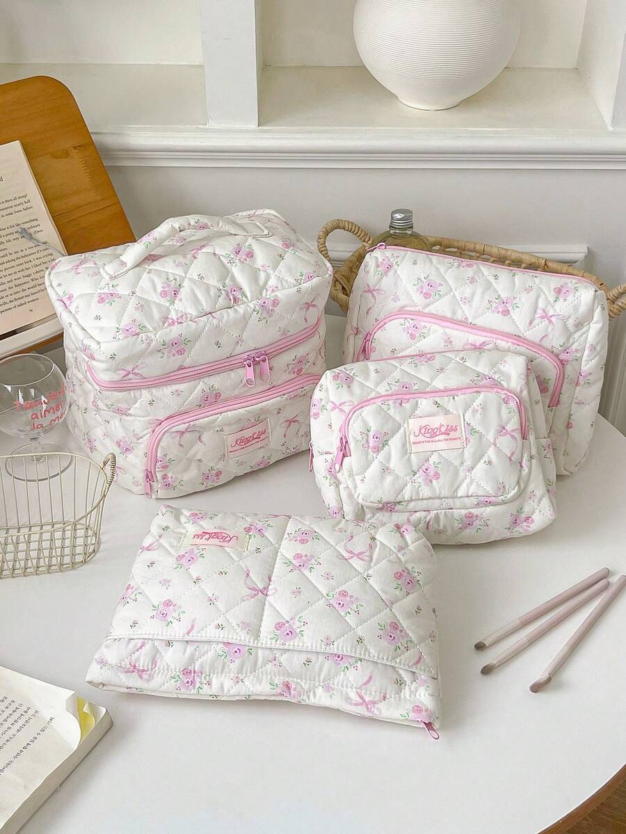 1 Peça/Conjunto de Bolsa Cosmética Acolchoada com Flores Rosas Fofas e Múltiplos Bolsos. Bolsa Cosmética Multifuncional e Portátil. Adequada para Cosméticos, Produtos de Cuidados com a Pele, Protetor Solar, Creme para as Mãos, Joias, Moedas, Absorventes, Fones de Ouvido, Telefones Celulares, Pequenos Itens e Outras Necessidades de Viagem, Necessidades de Cruzeiro, Necessidades de Dormitório, Presentes para Boas Amigas, Presentes de Dama de Honra, Presentes para Professores, Presentes de Aniversário, Presentes de Festa.