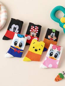 Disney 6双可爱图案儿童袜，秋冬季女童中筒袜，春秋季男童韩版卡通袜，学生、儿童婴儿袜 - 彩色 - 查看 6