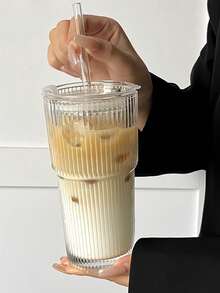 1 Set Of Striped Glasses With Straws And Lids, Portable And Simple Style Water Cups, Vertical Striped Glasses, Reusable High-Quality Coffee And Juice Cups, Multi-Functional Beverage Containers, Perfect For Home, Office, Beach, Various Parties, Suitable For Coffee, Tea, Milk, Iced Americano And Latte Drinks, Drinking Glasses.