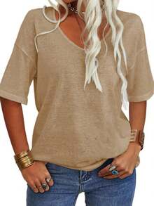 Women's 3/4 Sleeve Shirts V Neck Loose Fitting Tops Casual Solid Color Tshirts  Basic Tunic Summer Ladies Tops - 卡其色 - 查看 1