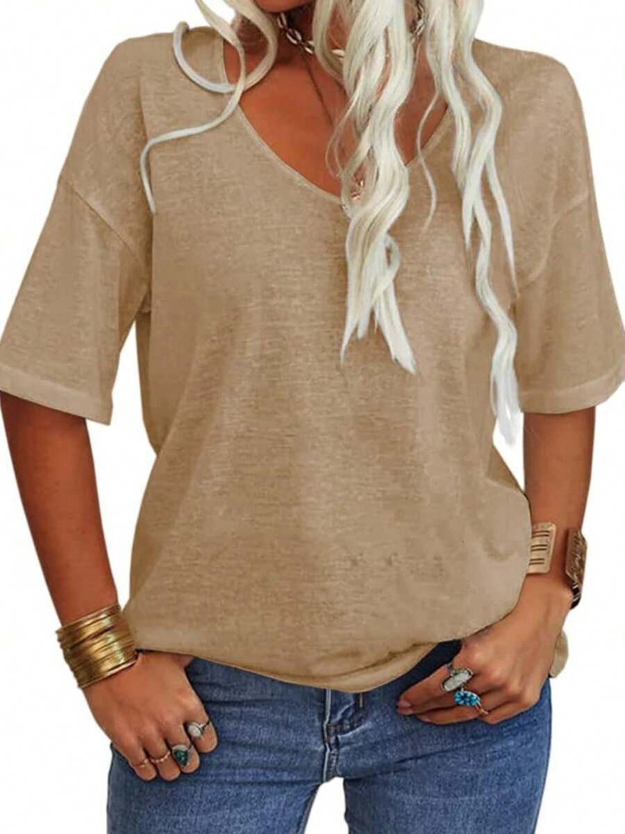 Women's 3/4 Sleeve Shirts V Neck Loose Fitting Tops Casual Solid Color Tshirts  Basic Tunic Summer Ladies Tops - 卡其色 - 查看 1