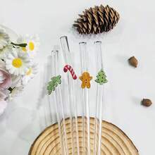4 包可重复使用弯曲玻璃吸管套装 - 高硼硅玻璃带清洁刷 - 圣诞主题节日设计（圣诞树、拐杖糖、冬青树、姜饼人） - 家居、咖啡厅、派对的理想礼物 - 彩色 - 查看 6