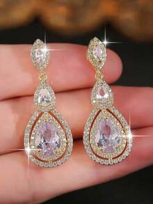 1 Pair Daily Wear CZ Women Wedding Earrings With Water Drop AAA Cubic Zirconia Party Earrings Jewelry - 黃金 - 查看 4