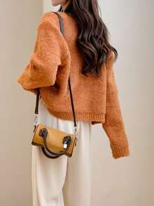 Alicedudu Women's Autumn/Winter New Special Yarn Round Neck Cardigan Sweater - Orange - View 2
