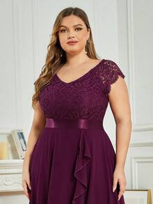 Plus Elegant V Neck Lace Contrast Ruffle Split Hem Chiffon Evening Party Long Dress, Homecoming Dress, Wedding Guest Dress, For Birthday, Graduation