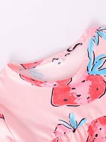 新款女童睡衣，可爱草莓印花儿童睡衣，圆领荷叶边女童服装，家居服 - 粉色 - 查看 4