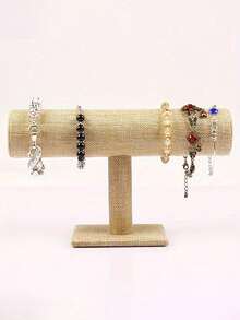 1pc Elegant Faux Linen Beige T-Shape Bracelet Display Stand - Desktop Jewelry Holder, Suitable For Retail Display Cases, No Power Needed, Sturdy Plastic Base, Great For Necklaces, Bracelets And Watches, Watch Stand | Soft Velvet Covered, Suitable For Women, Multi-Functional Desktop Organizer Rack, Non-Electric - Fits Various Installation Types Of Other Material Oval Jewelry Tower