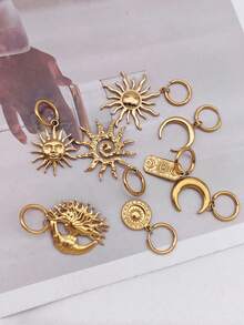 1 套 2 件不锈钢 18K 镀金恶魔之眼、螺旋、太阳、月亮、角形吊坠和耳环，波西米亚海洋海滩风格女士耳环 - 金黃色 - 查看 2