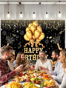 1 Peça Painel de Fotografia de Aniversário Feliz Preto e Dourado, Balões Brilhantes, Pontos, Fogos de Artifício, Faixa de Festa, 59.1*39.4/82.7*59.1/106.3*70.9 Polegadas, Taças de Champanhe, Caixa de Presente, Bottom de Foto Interno e Externo, Decoração de Chá de Bebê