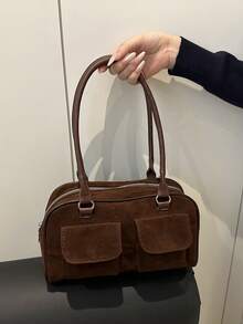 高级手提包女新款时尚百搭圆形绒面鹿绒多口袋手提包拉链单肩包托特包，女式秋冬时尚手提包大容量多口袋通勤包，女士音乐节、派对、礼品包 - 咖啡 - 查看 5