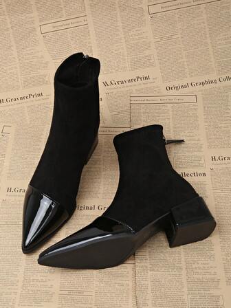 2025 New Elegant Black Suede Patchwork Women's Ankle Boots, Pointed Toe Block Heel Slip-On Fashion Boots, Warm Thermal Lined Chelsea Boots Suitable For Street, Business, Party, Wedding, Nightclub, Masquerade Ball, Classic American Style
