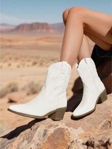 Cowboy Boots For Women, Pointed Toe Chunky Heel Cowgirl Boots, Zipper Pull-On Stitched Western Boots Ankle Boots For Ladies (White,Red,Black,Brown) - 白色 - 查看 8