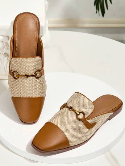 女式方头拼色平底一脚蹬穆勒鞋，新款休闲乐福凉鞋，带金属链，百搭四季