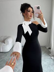 Women's Off-Shoulder Tie-Up Long Sleeve Slim Elegant Dress