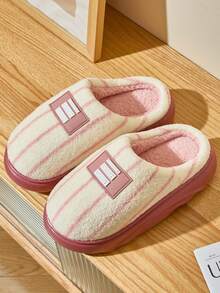 Rosa gestreifte Winter Plüsch Hausschuhe, Damen Schlafzimmer EVA Sohle, rutschfest & langanhaltend, dickes Sohlen Material, Paar-Stil