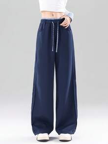 JUTU 藏蓝色拼接格纹美式腰带抽绳宽松直筒裤，时尚休闲运动裤，适合春、秋、冬季穿着 - 1A44寶藍拼藍格 - 查看 2