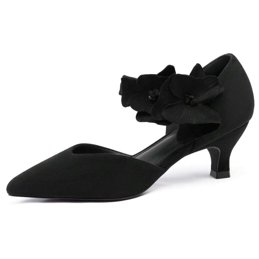 Womens Kitten Heel Closed Toe Pumps Slip On Dress Shoes With Flower Comfortable Formal Party Dance Heels - Màu đen mát mẻ - Xem 1