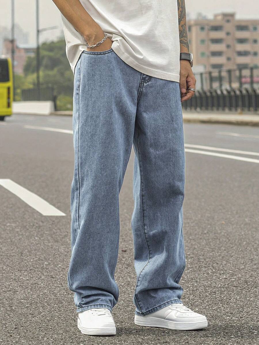 Men's Relaxed Fit Light Blue Straight Leg Jeans, Vintage Y2K Style, Simple & Versatile - Baby Blue - View 1