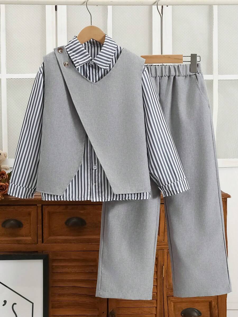 Boys' Casual Autumn Striped Shirt & Grey Vest 3 Pieces Set - Grey - View 1