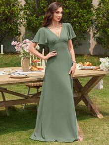 Volly Toych Đầm chiffon dáng chữ A thanh lịch với tay áo xếp bèo, thích hợp cho các dịp trang trọng như phù dâu, khách dự đám cưới và mẹ cô dâu, mùa thu. - Màu xanh Cadet - Xem 6