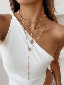 3/5pcs Set Layered Cross, Tassel, Beaded Necklace Jewelry Set, Unique Round Bead & Snake Chain Necklace Accessories, Suitable For Holidays Gift And Daily Matching