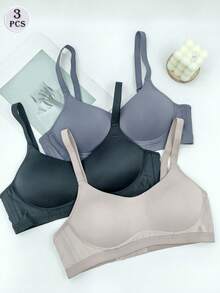 3pcs Women Bras, Solid Color Lightly Padded Wireless Lift Up Seamless Breathable Bra - Multicolor - View 1