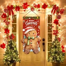 1 Stück, 50x100cm, Weihnachts-Themen Polyester Hängefahne, geeignet für Weihnachts-Türrahmen Dekorationen, Garten Flagge Dekorationen und Wohnzimmer Dekorationen. Aus Polyester gefertigt, mit einem Retro-Landhausstil Lebkuchenmann Motiv vor rotem Festtagshintergrund.