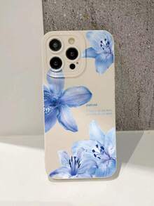 1pc Perforated Straight Edge Pink & Blue Floral Painted Thick Anti-Drop Phone Case Cover