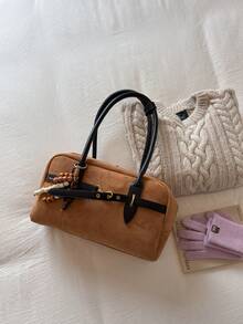 女款复古绒面保龄球包，2025/2025新款小众腋下包，大容量单肩包带吊坠，秋季 - 彩色 - 查看 13