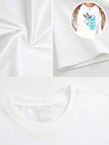 1pc blusas de mujer blusas bonitas para mujeres blusas ropa de mujer Camiseta colibrí 180g algodón blanco y negro, patrón estampado colibrí y flores rojas, algodón estampado alta calidad, cuello redondo, corte básico holgado, hombres y mujeres, transpirable, versátil, lavable a máquina, cómoda, talla S ~ 3XL, diaria, casual, deportiva, imprescindible verano - blanco - Ver 4