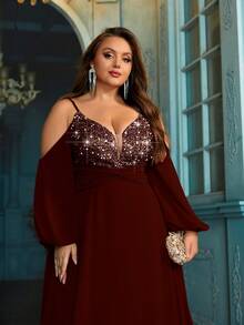 Elisanya Elegant Gorgeous Plus Size Sequins Formal Dress Summer Evening Gown For Birthday Party, Charity Prom, Galas Solid Color Strapless Long Sleeve Dresses Ballgown - Burgundy - View 7