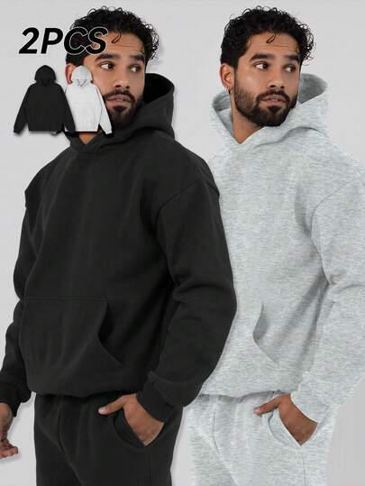 2Pcs Men's Casual Sports Sweatshirt - Solid Color, Long Sleeve, Knit Fabric, H-Fit, For Hiking & Outdoor Activities, Polyester, Round Neck, Athletic Style Top For Fall/Winter Season