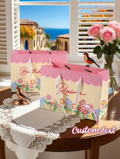 Customized Gift Bag, Customized Text Name Logo, Beautiful Floral Print, Refreshing, Thanksgiving Gift Bag, Valentine's Day Gift Bag, Birthday Gift Bag, For Family, Friends, Loved Ones, Customized Gift Bag