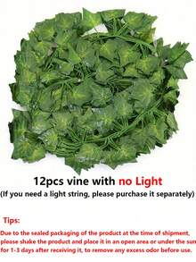 12件装人造常春藤藤蔓带灯饰，绿叶仙女花环，适用于墙面、卧室、花园、家居装饰，可用于婚礼、生日、情人节、母亲节、春节、新年派对装饰，情人节礼物，毕业典礼，仿真植物