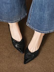 Women's Flat Shoes With Twist Knot Decor, Pointed Toe Soft Bottom Loafers, Hidden Wedge, Slip-On, Versatile, Soft Leather, Comfortable Flats - Black - View 6