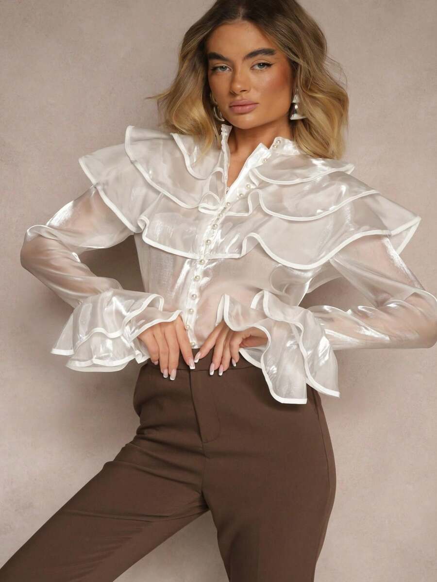 Ruffled Solid Color Front Button Sheer Elegant Long Sleeve Shirt - White - View 1