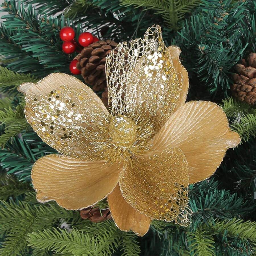 22CM Christmas Flower Decoration Artificial Sparkling Poinsettias Floral Picks For Tree Vase Garland