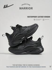 WARRIOR 1 双女式前系带运动鞋，网眼透气防滑耐用舒适百搭轻便跑步鞋，适合户外休闲穿着 - 黑色(皮面) - 查看 4