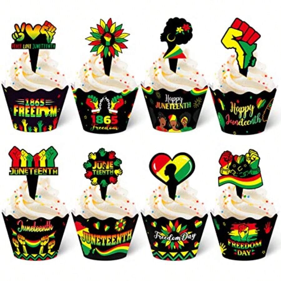 MMumufy 96 Pieces Juneteenth Cupcake Toppers Wrappers Happy Juneteenth Cupcake Decorations Freedom Independence Day Cake Topper Wrappers For  Month Freedom Day Party Decorations Supplies10 - Multicolored - View 1